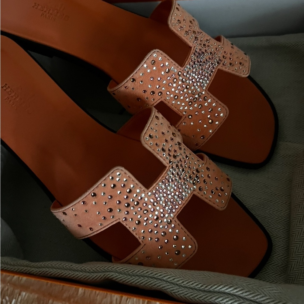 Hermes Orange Crystal-Embellished Oran Slide Sandals - Picture 7 of 9